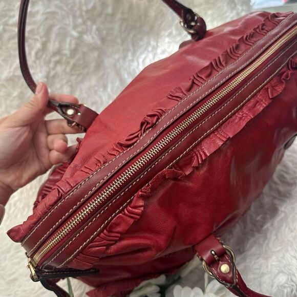 GUCCI‎ Red Leather Vintage Sabrina Top Handle Handbag Tote Ruffle Details - Picture 8 of 12